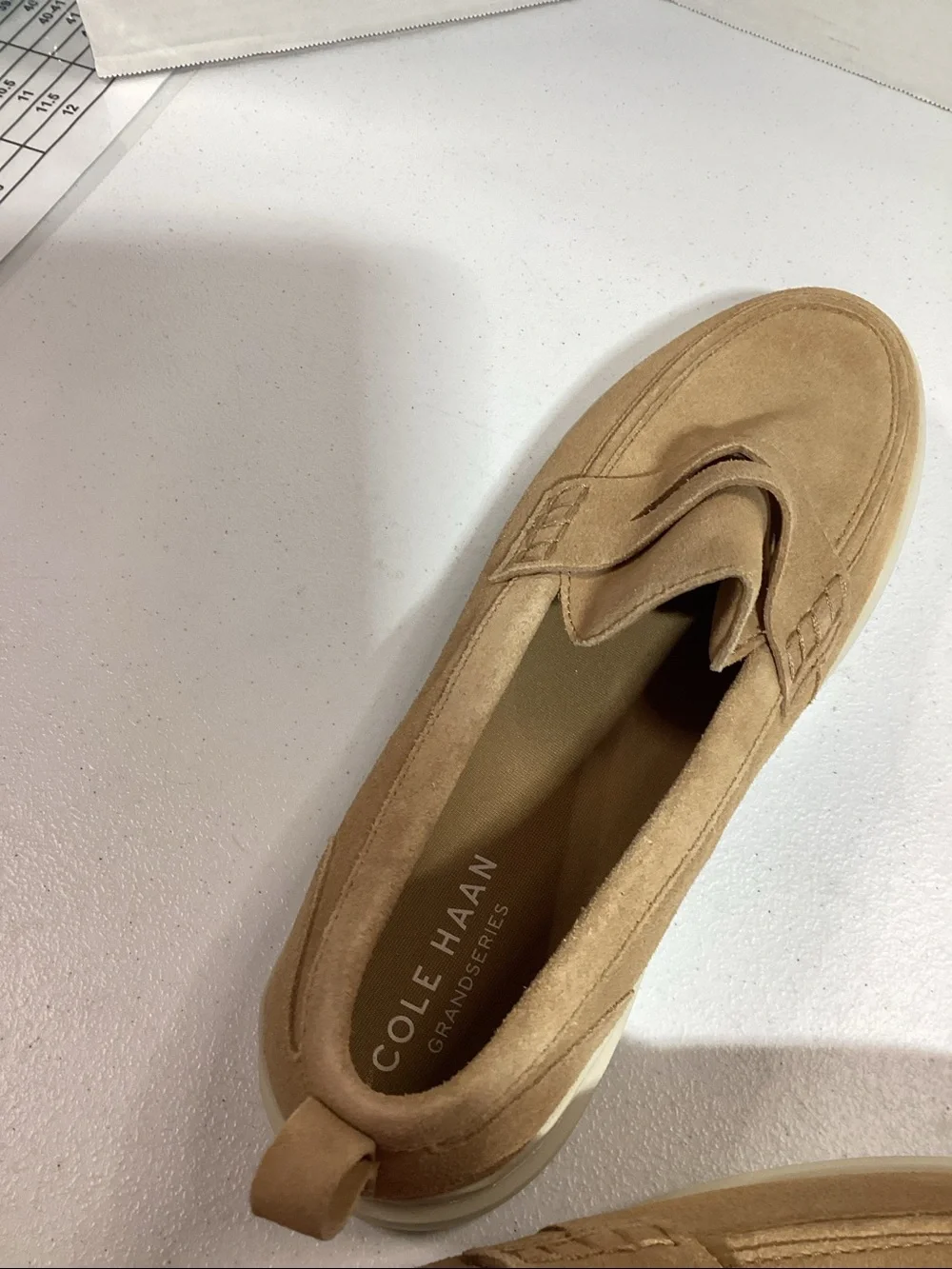 Cole Haan Tan Suede Penny Loafers with Cream Platform Sole